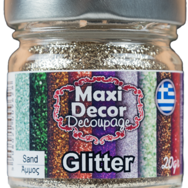 Glitter nisip auriu Maxi Decor 20gr. Pulbere cu sclipici în recipiente de sticlă și într-o varietate impresionantă de culori.