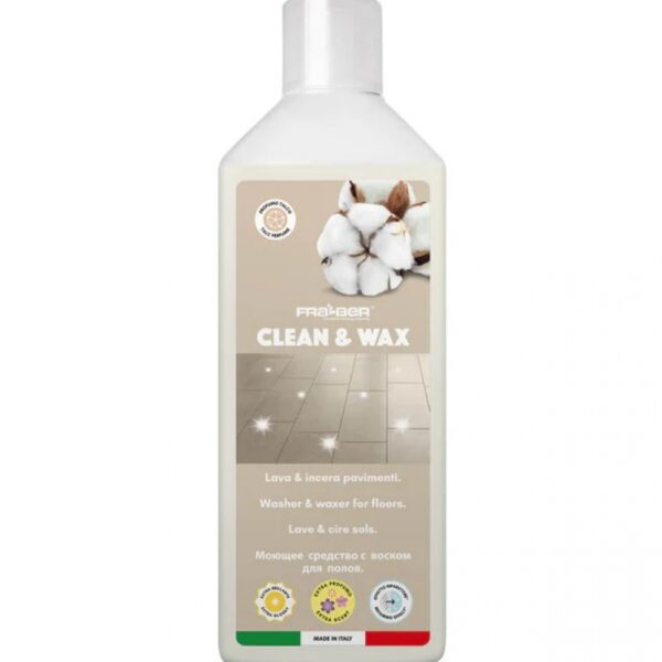 Detergent pentru podele cu ceara FRA-BER CLEAN&WAX 1000 ML Produs 3 în 1 care curăță, lustruiește și protejează suprafețele CLEAN&WAX Efect reparator și regenerant: umple micile zgârieturi și micro-abraziuni formând o peliculă rezistentă la pete și antiderapantă. Extra stralucire: revitalizează pardoselile terne, lipsite de strălucire sau vizibil uzate. Protejeaza finisajul original al pardoselilor, conservându-le în timp prin aplicare regulată. Parfum concentrat, intens și de lungă durată; Produs fabricat de Fra-Ber Italia. Etichete: tratament parchet, solutie pardoseli, detergent podele, ceara pentru parchet, detergent pentru parchet 3in1 